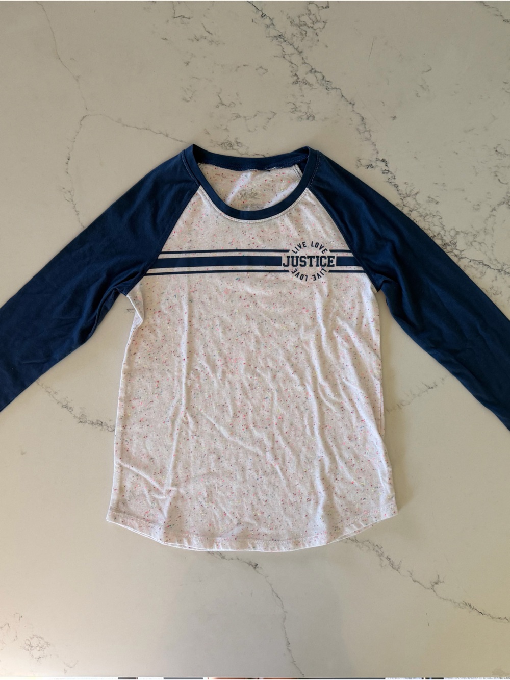 Justice Girls Long Sleeve Raglan Graphic Tee White Blue Size 7/8